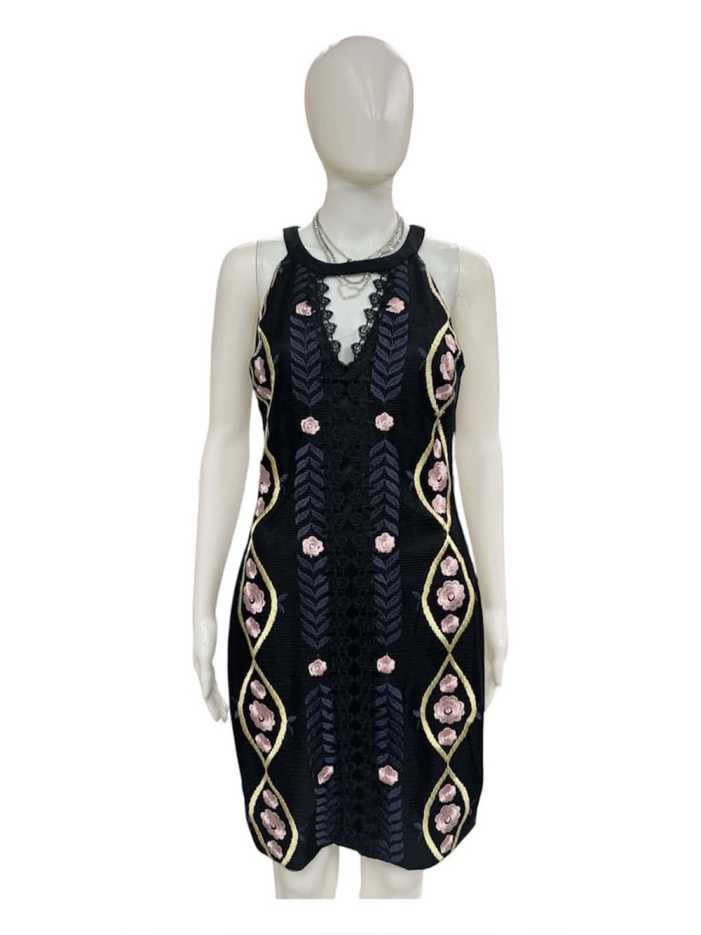 Guess NWT Black Mini Dress with Pink Floral Embroidery Size M